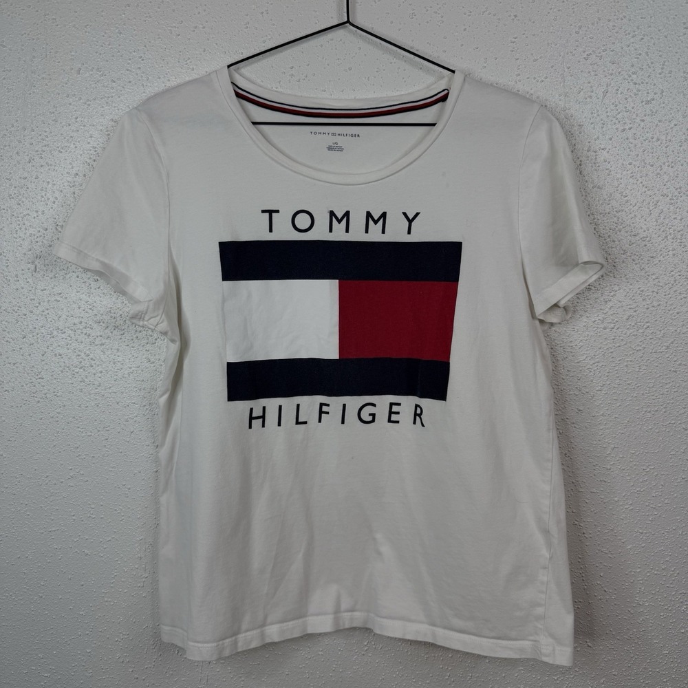Tommy Hilfiger Women's White Logo Cotton Jersey Crew Neck T-Shirt Size L